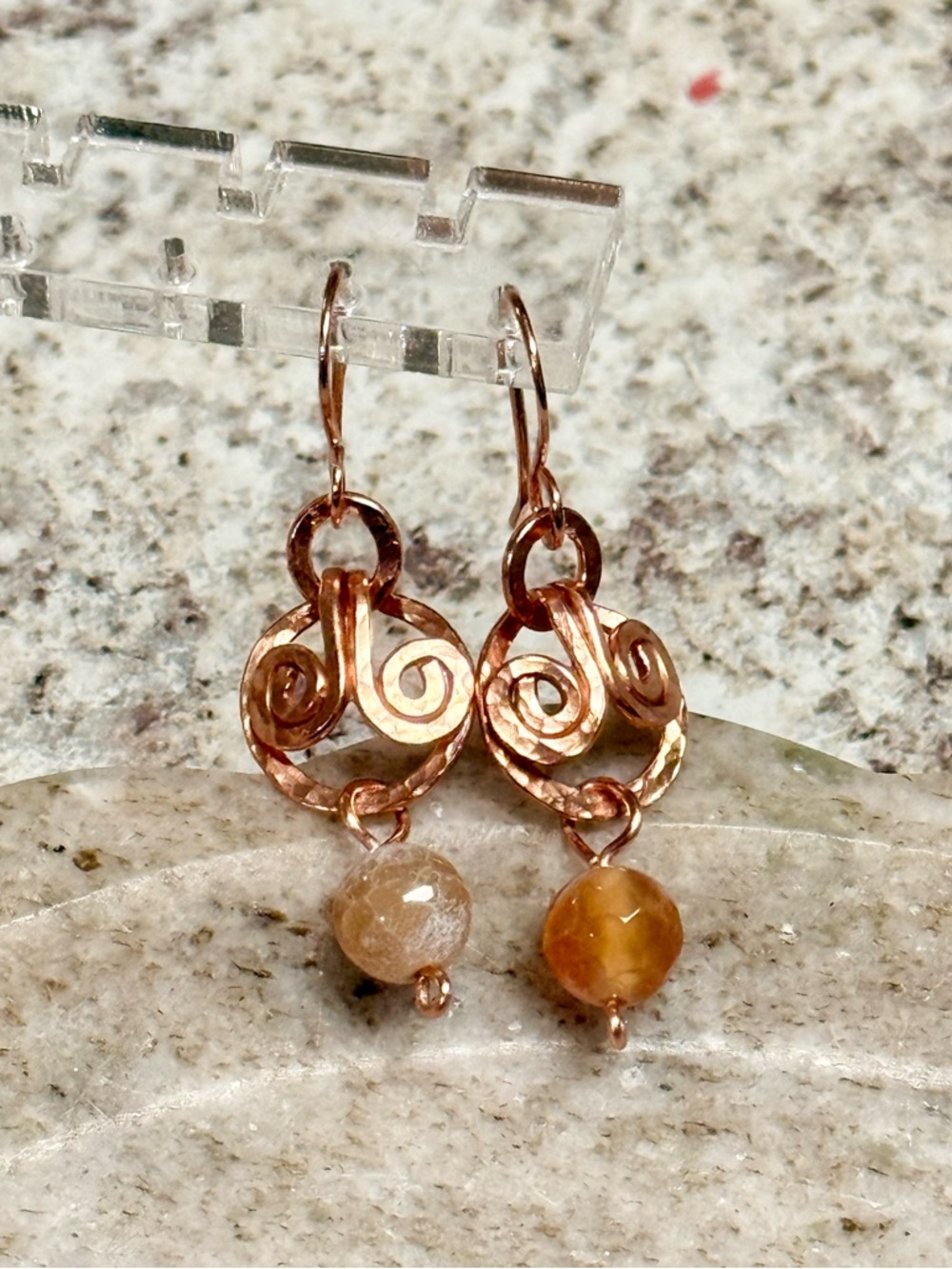 Fire Agate Hammered Copper Dangle Earrings